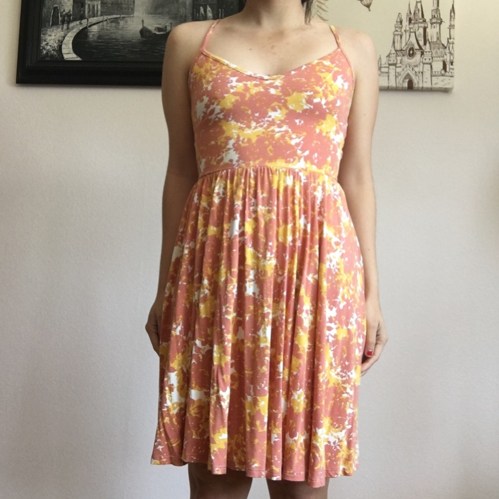 Pink yellow cream floral leaf pattern tie up dress